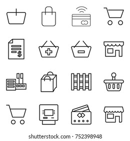 thin line icon set : basket, shopping bag, tap to pay, cart, account balance, add, remove from, shop, store, pallet, atm, credit card