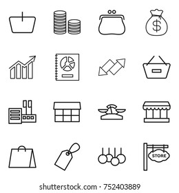 thin line icon set : basket, coin stack, purse, money bag, diagram, annual report, up down arrow, remove from, store, market, scales, shopping, label, sale, signboard