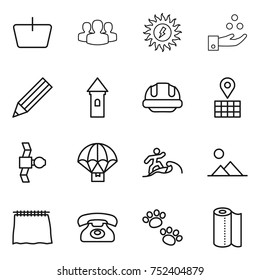 thin line icon set : basket, group, sun power, chemical industry, pencil, tower, building helmet, map, satellite, parachute delivery, surfer, landscape, curtain, phone, pets, paper towel