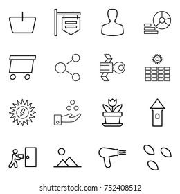 thin line icon set : basket, shop signboard, man, diagram, delivery, molecule, satellite, sun power, chemical industry, flower, tower, courier, landscape, hair dryer, seeds
