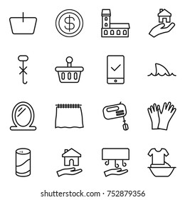 thin line icon set : basket, dollar, mansion, real estate, do not hook sign, mobile checking, shark flipper, mirror, curtain, mixer, gloves, cleanser powder, housing, hand dryer, handle washing