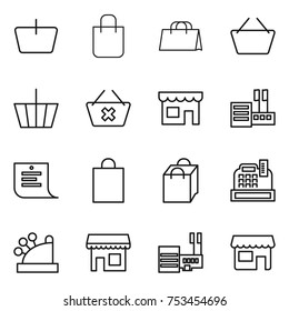 thin line icon set : basket, shopping bag, delete cart, shop, store, list, cashbox, mall