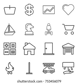 thin line icon set : basket, dollar, statistics, heart, boat, chess horse, hoverboard, cart, calculator, home, door, garage, fire, rake, car wash, hand dryer