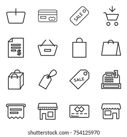 thin line icon set : basket, card, sale, add to cart, account balance, remove from, shopping bag, label, cashbox, atm receipt, shop, credit