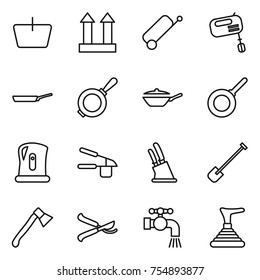 thin line icon set : basket, cargo top sign, suitcase, mixer, pan, kettle, garlic clasp, knife holder, shovel, axe, pruner, water tap, plunger