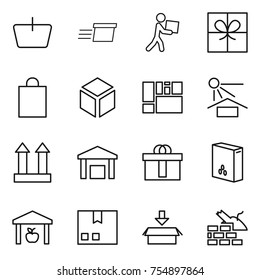 thin line icon set : basket, delivery, courier, gift, shopping bag, 3d, consolidated cargo, sun potection, top sign, warehouse, hi quality package, cereals, construct garbage