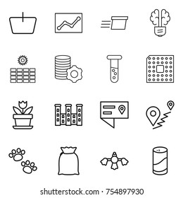 thin line icon set : basket, statistics, delivery, bulb brain, sun power, virtual mining, vial, cpu, flower, palace, location details, route, pets, flour, hard reach place cleaning, cleanser powder