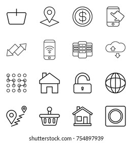 thin line icon set : basket, pointer, dollar, touch, up down arrow, phone wireless, server, cloude service, chip, home, unlock, globe, route, ring button