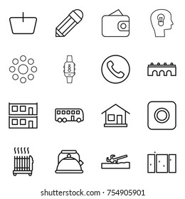 thin line icon set : basket, pencil, wallet, bulb head, round around, smart watch, phone, bridge, modular house, bus, home, ring button, radiator, kettle, soil cutter, clean window