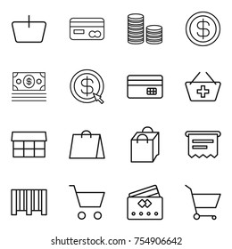 thin line icon set : basket, card, coin stack, dollar, money, arrow, credit, add to, market, shopping bag, atm receipt, bar code, cart
