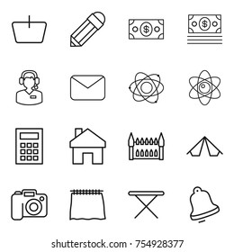 thin line icon set : basket, pencil, money, call center, mail, atom, calculator, home, gothic architecture, tent, camera, curtain, iron board, bell