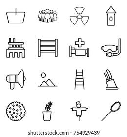 thin line icon set : basket, team, nuclear, tower, factory, rack, hospital, diving mask, loudspeaker, landscape, stairs, knife holder, cookies, seedling, scarecrow, duster