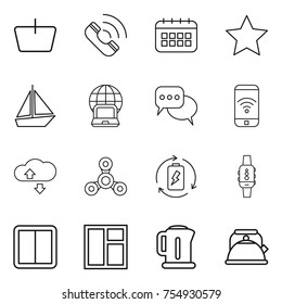 thin line icon set : basket, call, calendar, star, boat, notebook globe, discussion, phone wireless, cloude service, spinner, battery charge, smart watch, power switch, window, kettle thin line icon set : basket, call, calendar, star, boat, notebook globe, discussion, phone wireless, cloude service, spinner, battery charge, smart watch, power switch, window, kettle