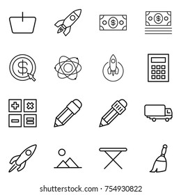 thin line icon set : basket, rocket, money, dollar arrow, atom, calculator, pencil, shipping, landscape, iron board, broom