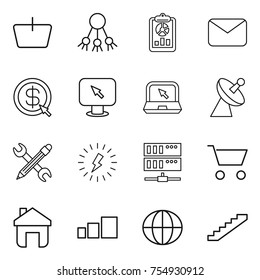 thin line icon set : basket, share, report, mail, dollar arrow, monitor, notebook, satellite antenna, pencil wrench, lightning, server, cart, home, sorting, globe, stairs