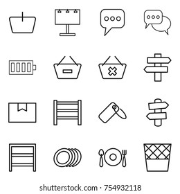 thin line icon set : basket, billboard, message, discussion, battery, remove from, delete cart, singlepost, package box, rack, label, signpost, plates, fork spoon plate, trash bin