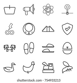 thin line icon set : basket, loudspeaker, atom, laser, infinity power, necklace, pyramid, protected, palm hammock, slippers, egg timer, goose, chicken, harvester, wasp