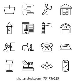 thin line icon set : basket, diagram, courier, warehouse, tower, houses, lighthouse, barn, delivery, fork loader, phone, iron, floor lamp, harvester, hard reach place cleaning, cleanser powder
