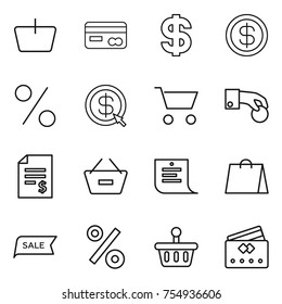 thin line icon set : basket, card, dollar, percent, arrow, cart, hand coin, account balance, remove from, shopping list, bag, sale, credit