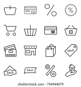 thin line icon set : basket, card, percent, cart, credit, delete, shop, shopping bag, sale label, real estate