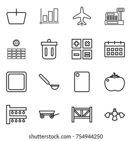 thin line icon set : basket, graph, plane, cashbox, sun power, bin, calculator, calendar, cutting board, ladle, tomato, watering, trailer, farm fence, hard reach place cleaning