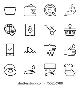 thin line icon set : basket, wallet, dollar arrow, chemical industry, delivery, tax, do not trolley sign, mobile checking, shark flipper, sow, hand drop, soap, and, dryer, handle washing