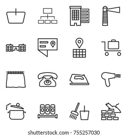 Thin Line Icon Set : Basket, Hierarchy, Houses, Lighthouse, School, Location Details, Map, Baggage Trolley, Curtain, Phone, Iron, Hair Dryer, Steam Pan, Spices, Bucket And Broom, Construct Garbage