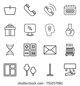thin line icon set : basket, phone, call, calendar, gift, monitor arrow, bulb head, round flask, dna, calculator, mail, radiator, window, trees, rake, hand dryer
