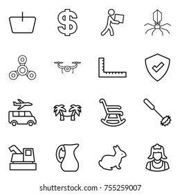 thin line icon set : basket, dollar, courier, virus, spinner, drone, ruler, protected, transfer, palm hammock, rocking chair, whisk, harvester, jug, rabbit, cleaner