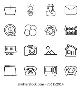 Thin line icon set : basket, bulb, call center, mail, dollar arrow, atom core, gothic architecture, truck shipping, camera, landscape, home, curtain, phone, microwave oven, pretzel