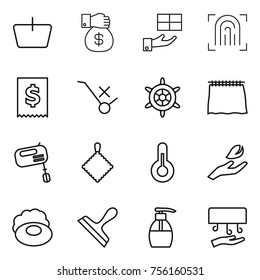 Thin line icon set : basket, money gift, fingerprint, tax, do not trolley sign, handwheel, curtain, mixer, rag, thermometer, hand leaf, soap, scraper, liquid, dryer