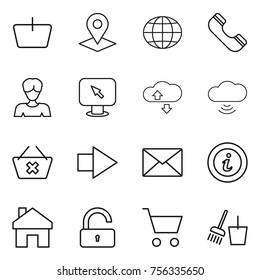 Thin line icon set : basket, pointer, globe, phone, woman, monitor arrow, cloude service, cloud wireless, delete cart, right, mail, info, home, unlock, bucket and broom