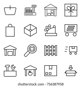 Thin line icon set : basket, cashbox, warehouse, gift, shopping bag, box, delivery, cargo search, pallet, fast deliver, repair tools, package