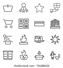 Thin line icon set : basket, share, star, gift, cart, calculator, bunker, office, sun potection, flammable, trailer, chest of drawers, fire, package, toilet cleaning