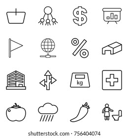 Thin line icon set : basket, share, dollar, presentation, flag, globe connect, percent, warehouse, office, route, heavy, first aid, tomato, rain cloud, hot pepper, toilet cleaning