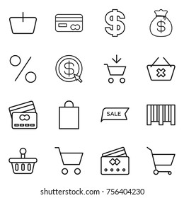 Thin line icon set : basket, card, dollar, money bag, percent, arrow, add to cart, delete, credit, shopping, sale, bar code