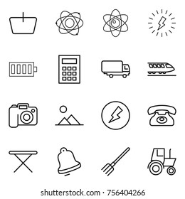 Thin line icon set : basket, atom, lightning, battery, calculator, shipping, train, camera, landscape, electricity, phone, iron board, bell, fork, tractor