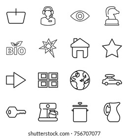 thin line icon set : basket, call center, eye, chess horse, bio, bang, home, star, right arrow, panel house, globe, car baggage, key, coffee maker, pan, jug