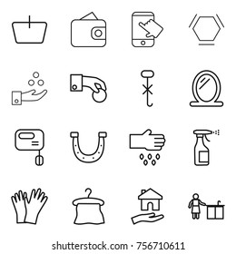 thin line icon set : basket, wallet, touch, hex molecule, chemical industry, hand coin, do not hook sign, mirror, mixer, horseshoe, sow, sprayer, gloves, hanger, housing, kitchen cleaning