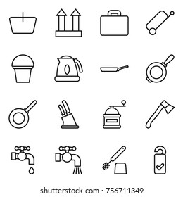 thin line icon set : basket, cargo top sign, suitcase, bucket, kettle, pan, knife holder, hand mill, axe, water tap, toilet brush, please clean