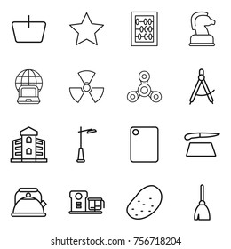 Thin line icon set : basket, star, abacus, chess horse, notebook globe, nuclear, spinner, draw compass, building, outdoor light, cutting board, kettle, food processor, potato, broom