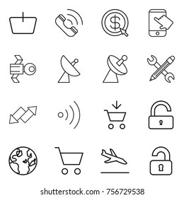 Thin line icon set : basket, call, dollar arrow, touch, satellite, antenna, pencil wrench, up down, wireless, add to cart, unlock, globe, arrival, unlocked