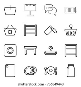 Thin line icon set : basket, billboard, discussion, battery, delete cart, rack, label, ring button, table, hanger, cutting board, plates, fork spoon plate, bank