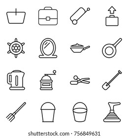 Thin line icon set : basket, portfolio, suitcase, baggage, handwheel, mirror, pan, kettle, hand mill, scissors, shovel, fork, bucket, plunger