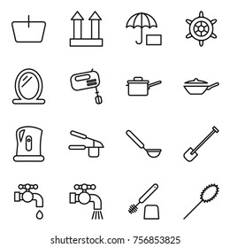 Thin line icon set : basket, cargo top sign, insurance, handwheel, mirror, mixer, saute pan, kettle, garlic clasp, ladle, shovel, water tap, toilet brush, duster