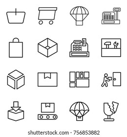Thin line icon set : basket, delivery, parachute, cashbox, shopping bag, box, tools, 3d, package, consolidated cargo, courier, transporter tape, broken