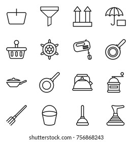 Thin line icon set : basket, funnel, cargo top sign, insurance, handwheel, mixer, pan, kettle, hand mill, fork, bucket, plunger