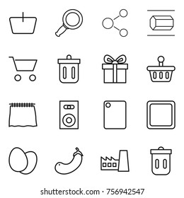 Thin line icon set : basket, magnifier, molecule, nano tube, cart, bin, gift, curtain, speaker, cutting board, eggs, eggplant, factory, trash