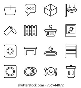 Thin line icon set : basket, message, box, shop signboard, label, pallet, photo, ring button, table, hanger, rack, plates, fork spoon plate, trash bin