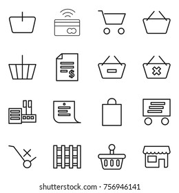 Thin Line Icon Set : Basket, Tap To Pay, Cart, Account Balance, Remove From, Delete, Store, Shopping List, Bag, Delivery, Do Not Trolley Sign, Pallet, Shop